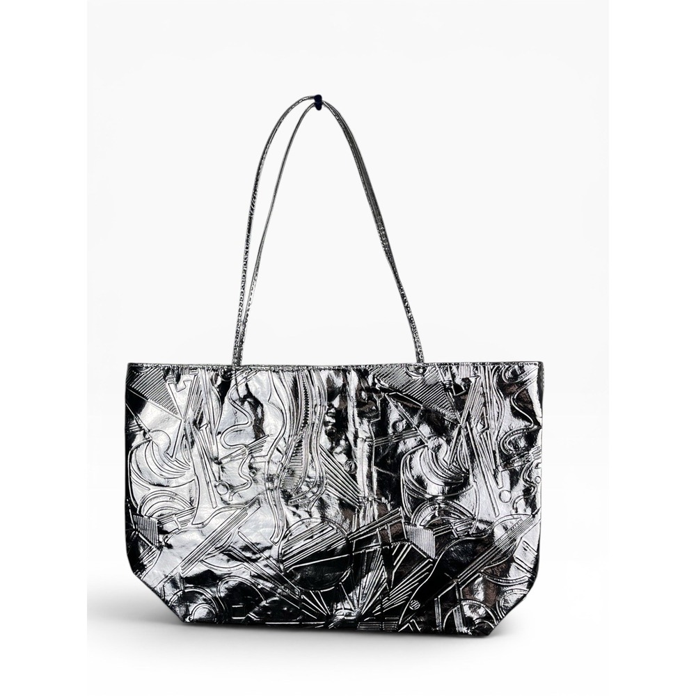 1980s Metallic Silver Memphis Graffiti New Wave Tote Bag Embossed Vinyl VTG